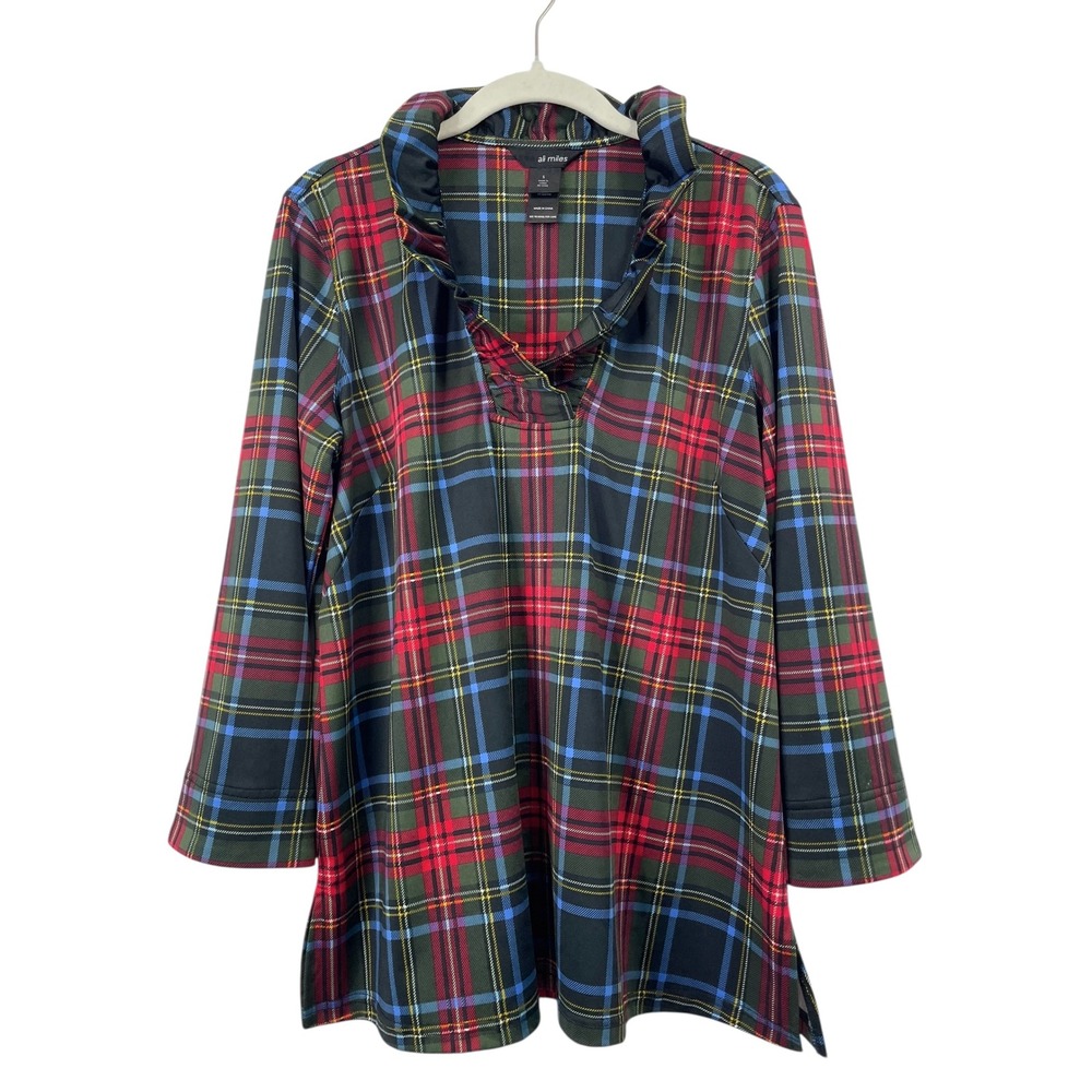 Ali Miles tartan plaid ruffle neck tunic top blouse Size S
